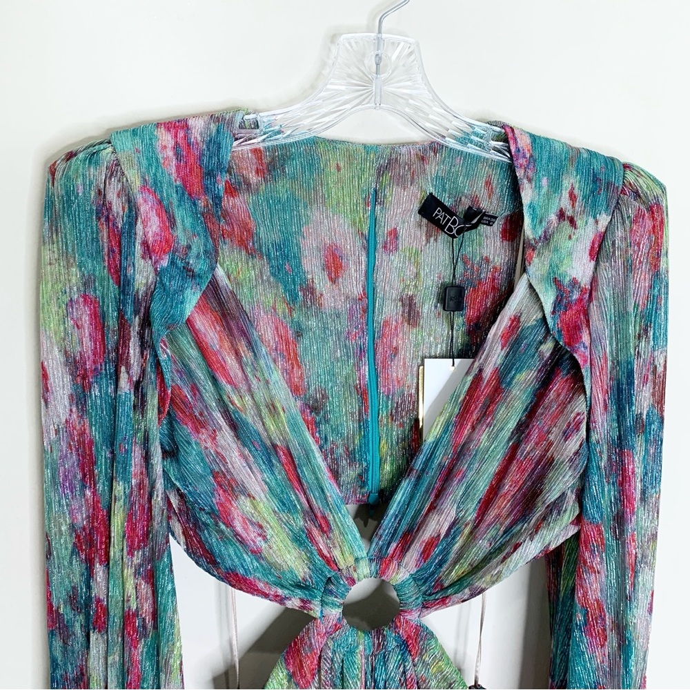 NEW PatBO Printed Lurex Cut-Out Maxi Dress (Sz 6) Long Sleeve Gown Green Multi - Picture 6 of 14